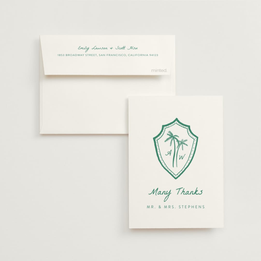 "Palm Tree Crest" - Wedding Thank You Cards in Palm by Erika Firm - Front