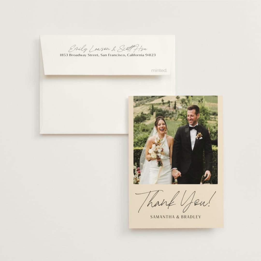 "French Whimsy Script" - Wedding Thank You Cards in Champagne by Wallace Design Co. - Front