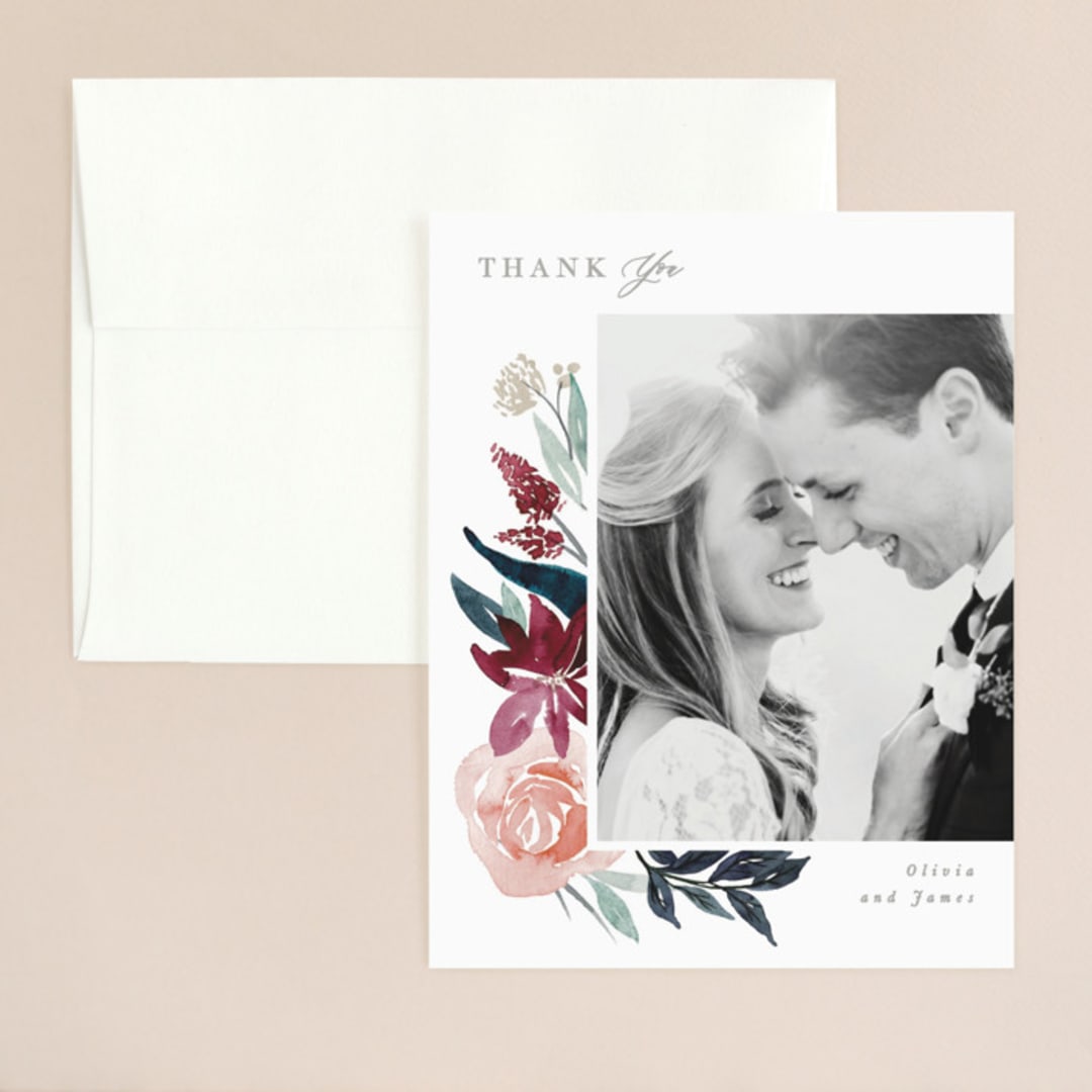 "Garden Stroll" - Wedding Thank You Cards in Burgundy by Creo Study - Front