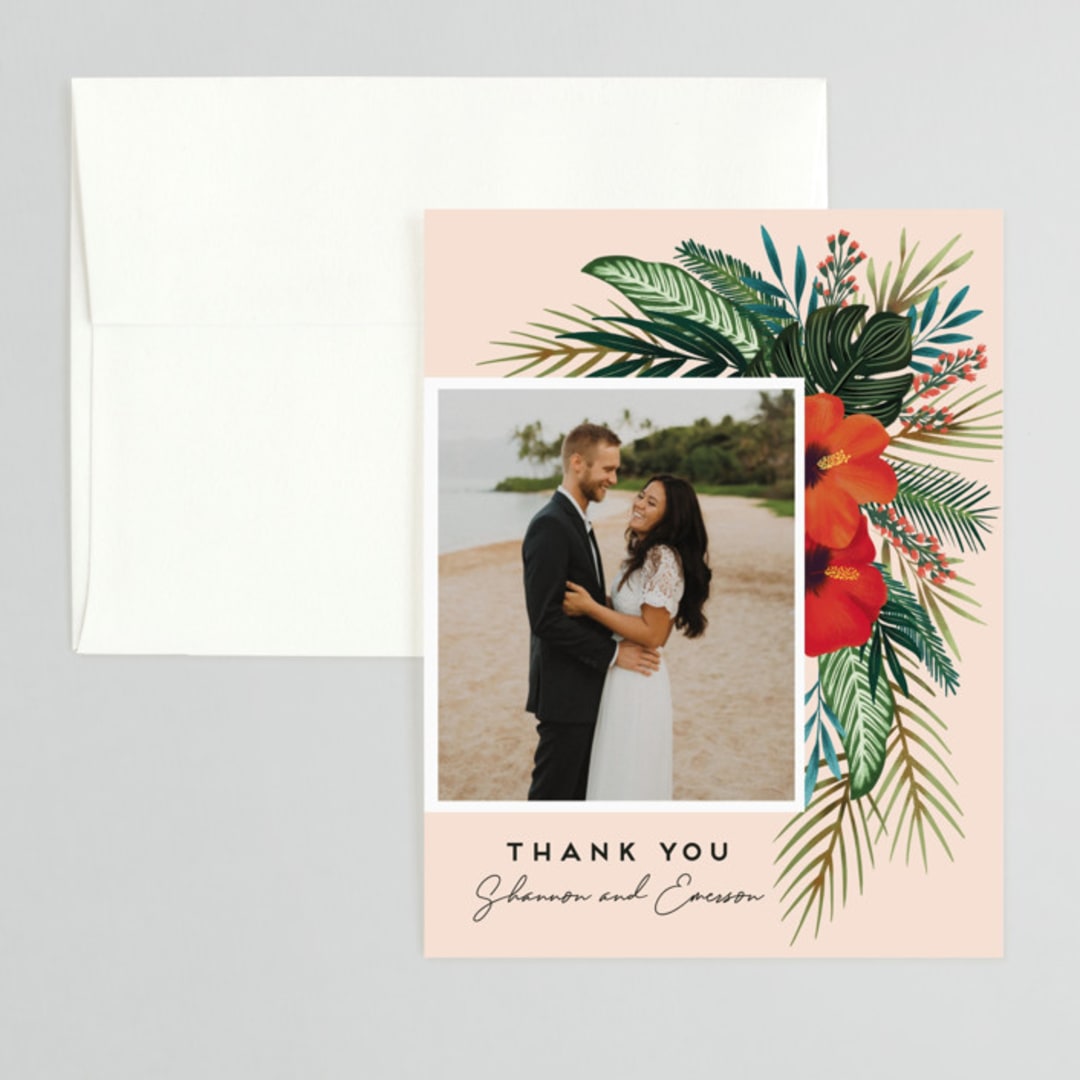 "Tropical Oasis" - Wedding Thank You Cards in Coral by Joanna Griffin - Front