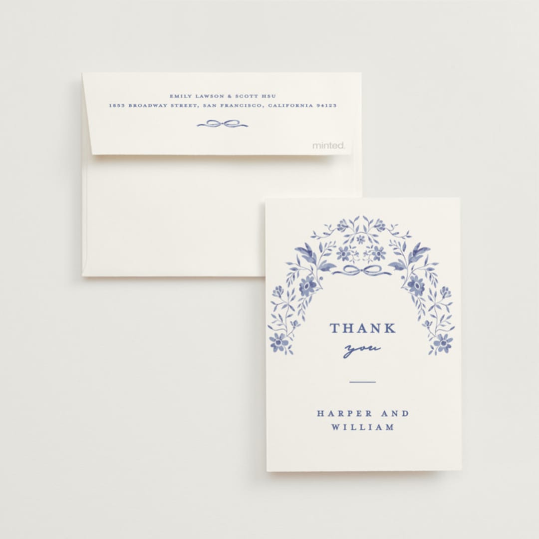 "Daisy Toile" - Wedding Thank You Cards in Blue Willow by Susan Zinader - Front