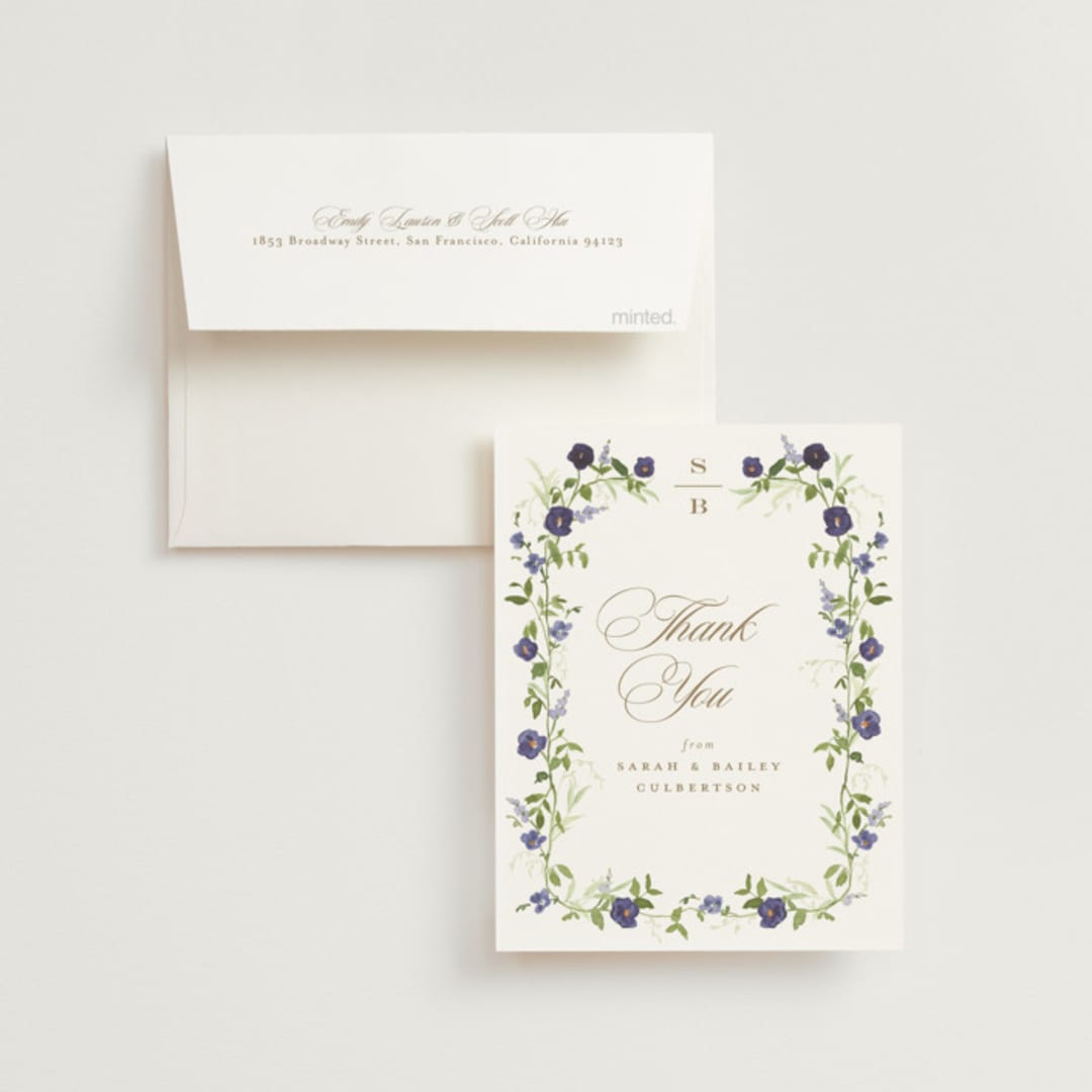 "Wildflower Trellis" - Wedding Thank You Cards in Iris by Everett Paper Goods - Front