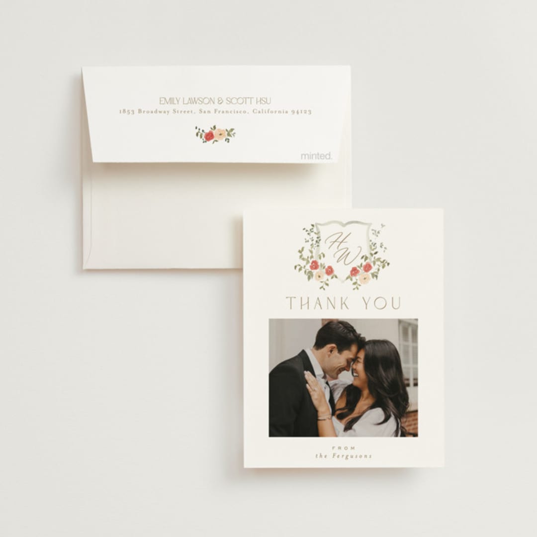 "Roses Crest" - Wedding Thank You Cards in Pomegranate by Everett Paper Goods - Front