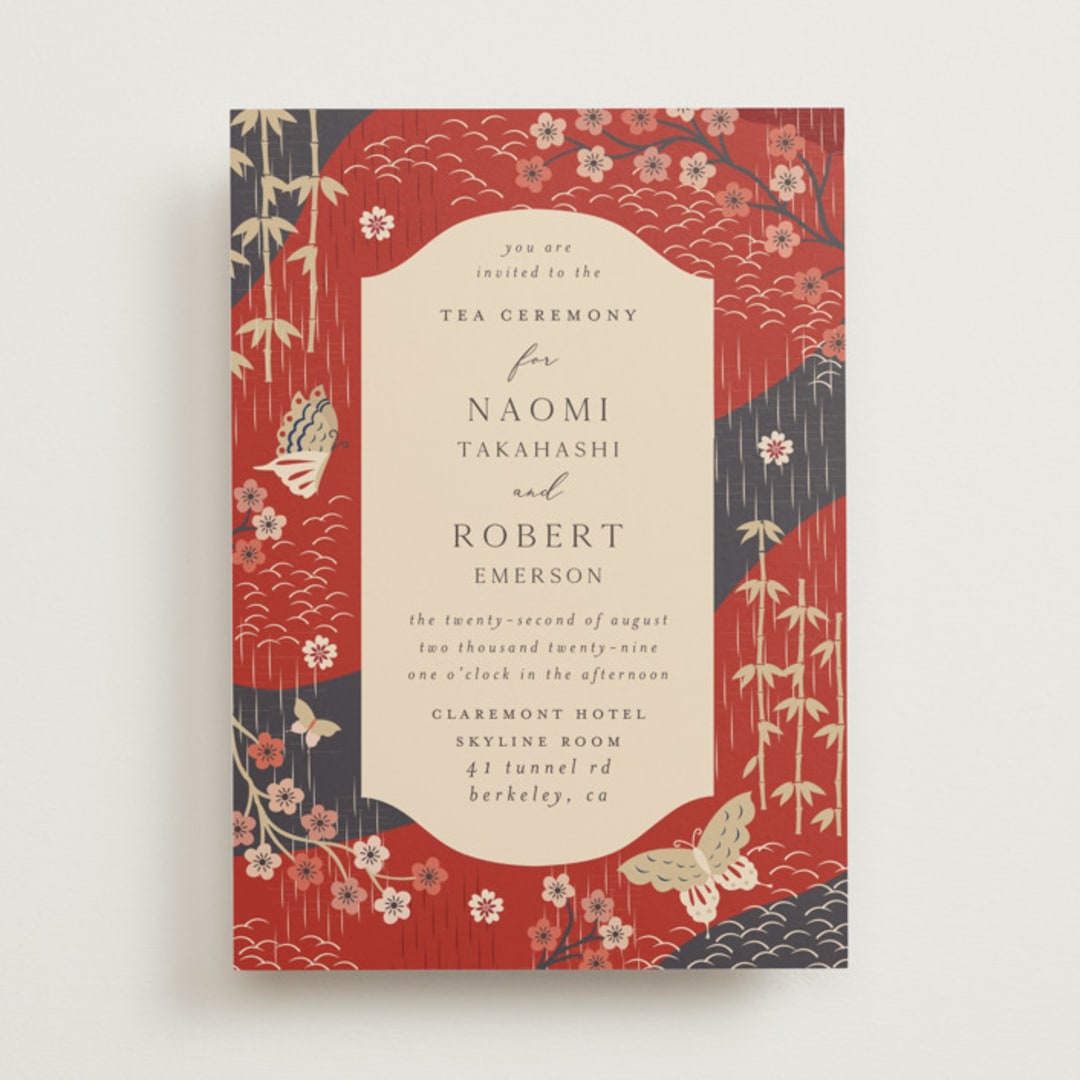 "Japanese Textile" - Tea Ceremony Invitations in Rose by Jennifer Holbrook - Front