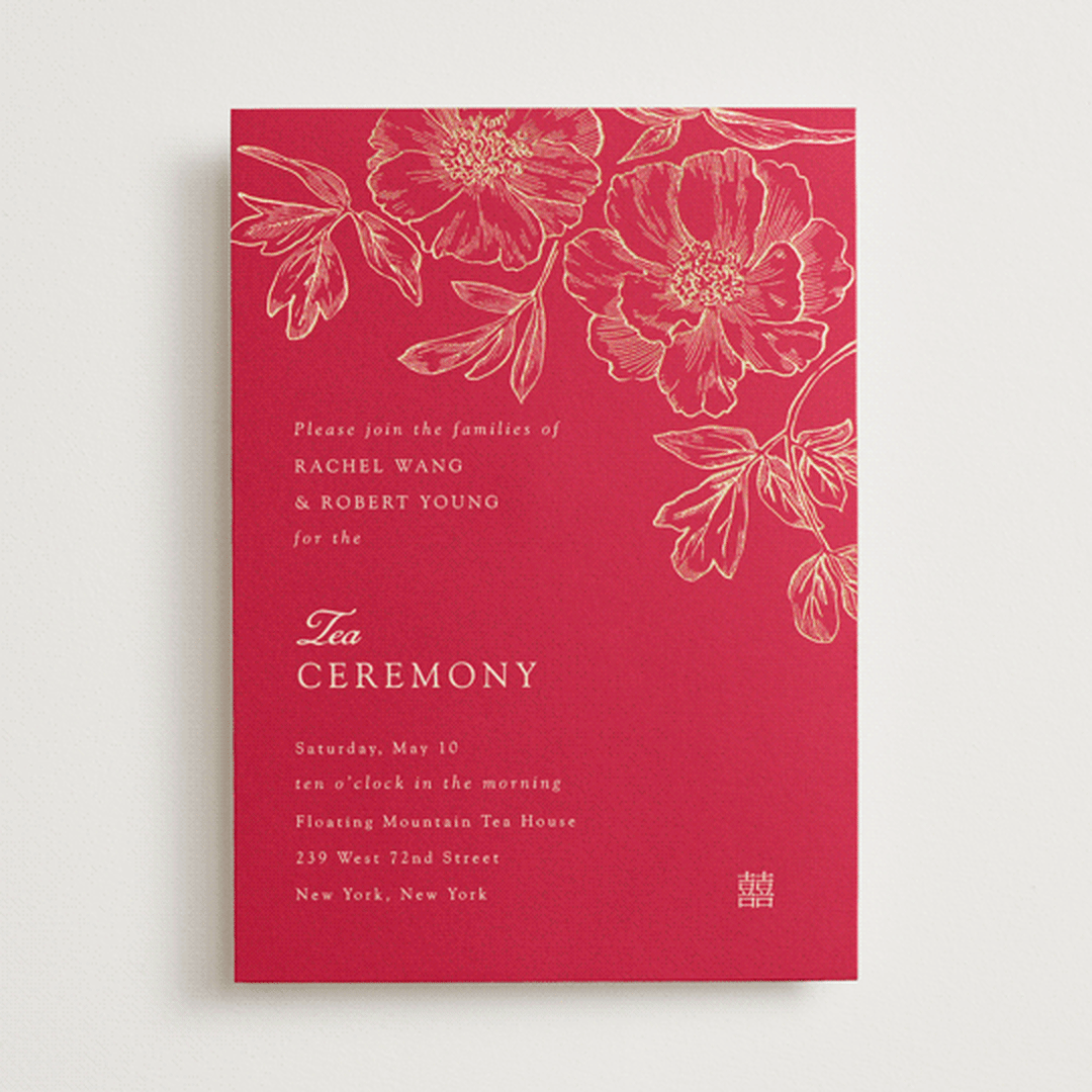 "Double Peony" - Tea Ceremony Invitations in Ruby by Janean Hinger - Front