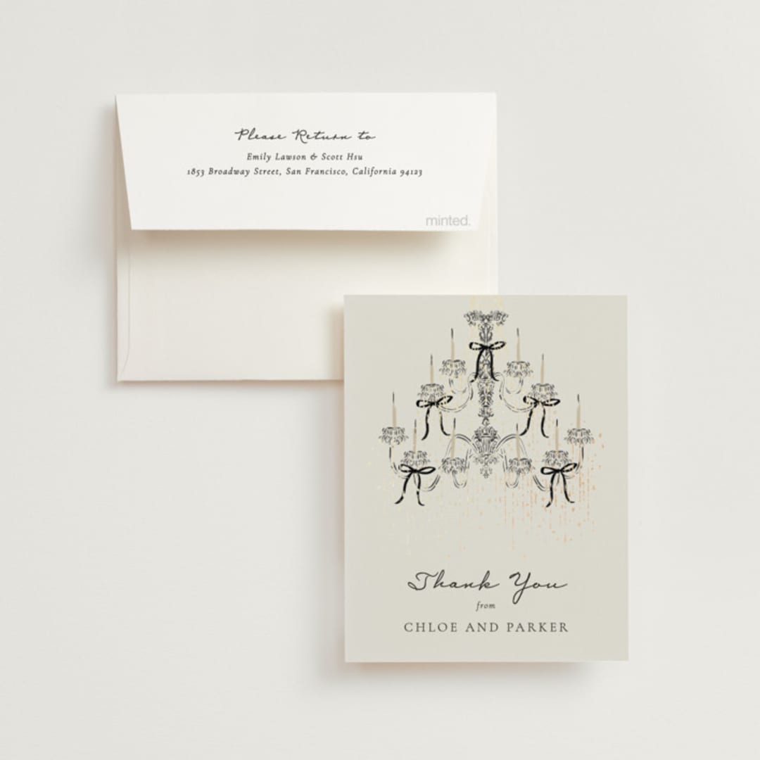 "Hand Illustrated Whimsical Chandelier" - Wedding Thank You Cards in Noir by Jackie Crawford - Front