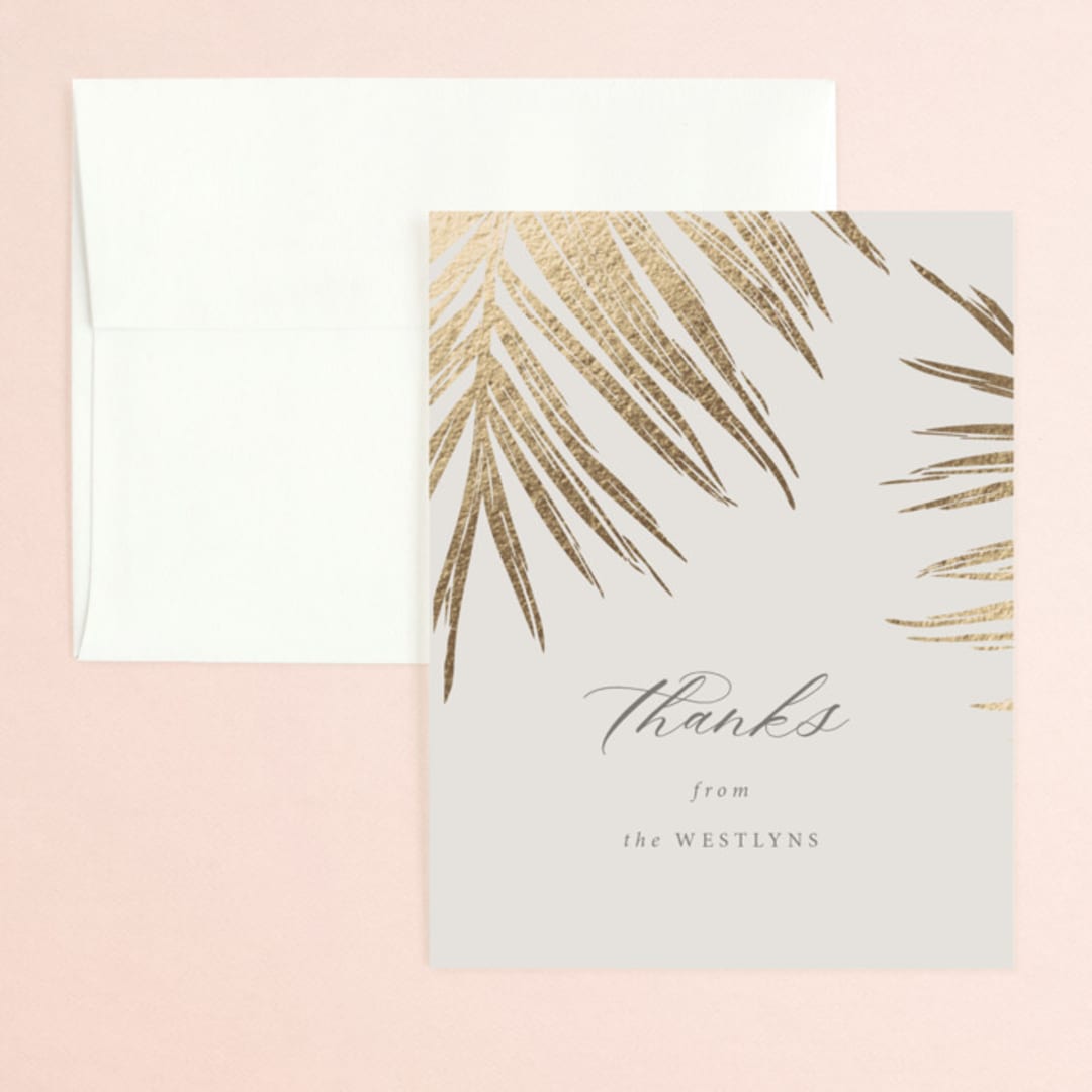 "Gilded Palm" - Wedding Thank You Cards in Sand by Melinda Denison - Front