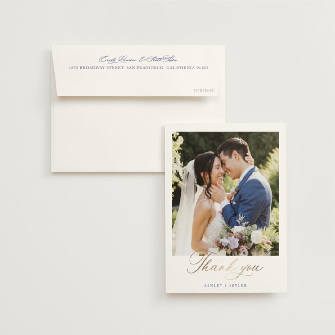 "watercolor flowers crest" - Wedding Thank You Cards in Dusty Blue by Cass Loh - Front