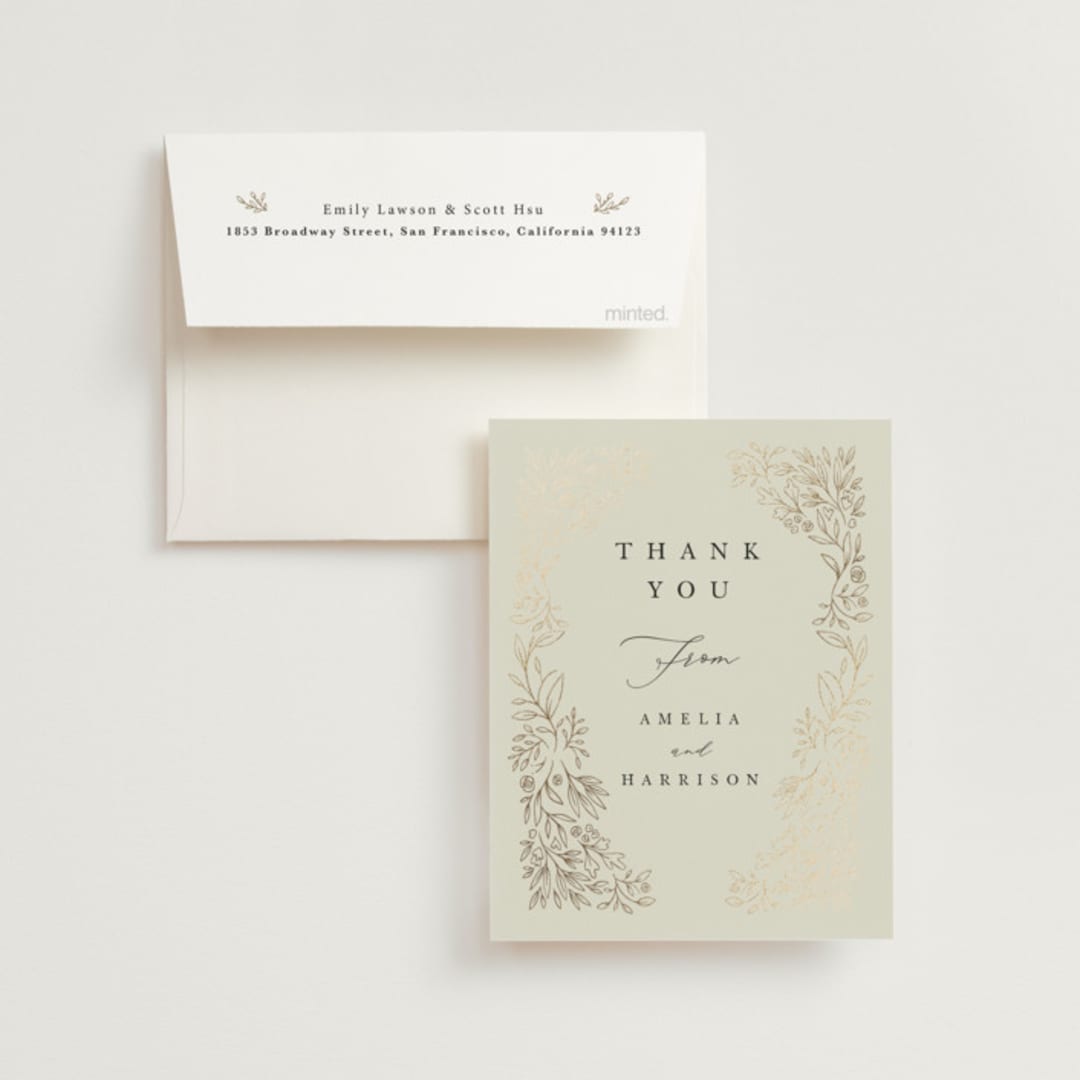 "Foil Botanical Frame" - Wedding Thank You Cards in Taupe by Hannah Williams - Front