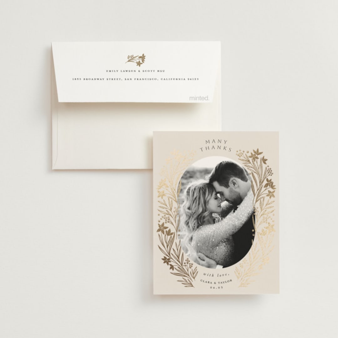 "Floral Border" - Wedding Thank You Cards in Champagne by Leah Bisch - Front