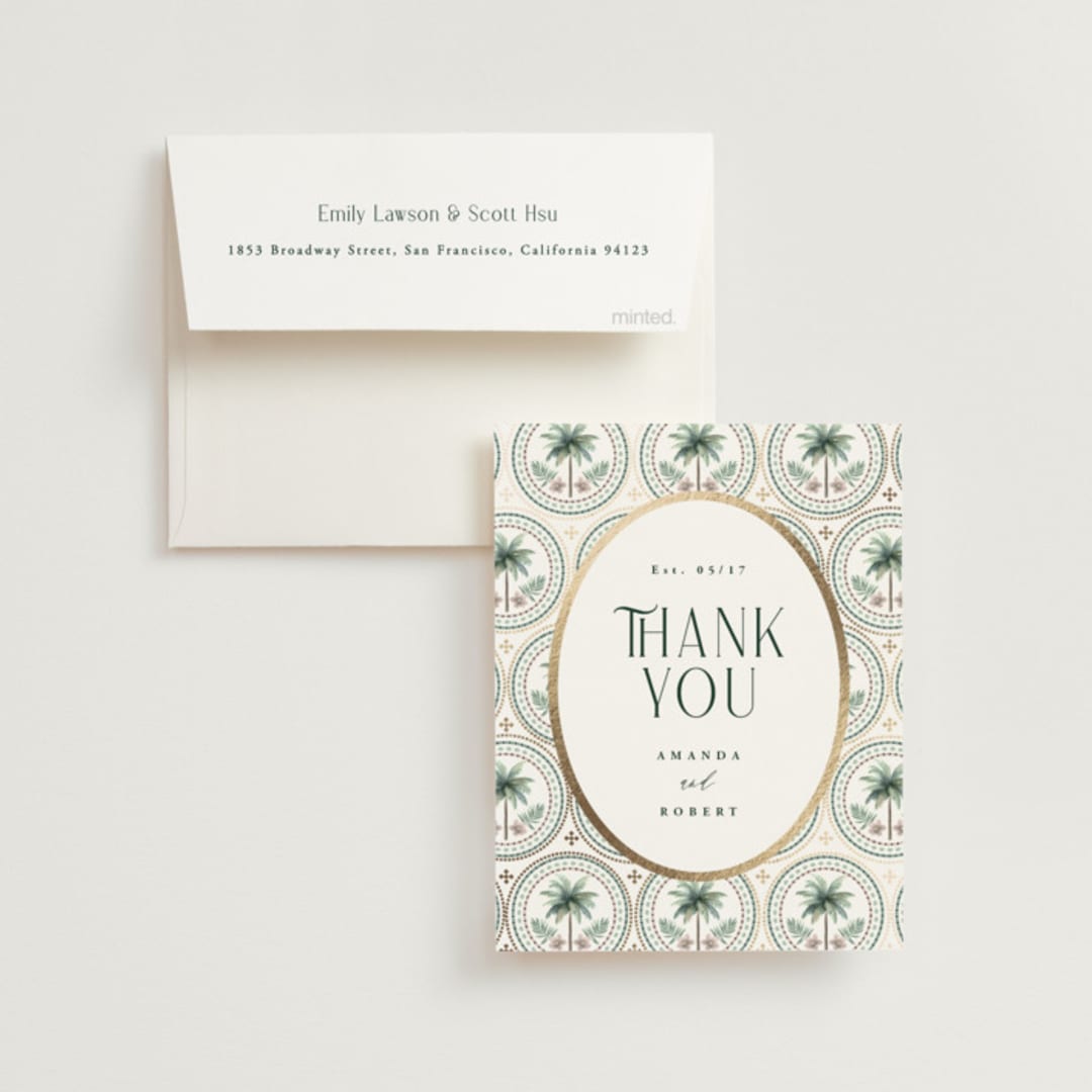 "Vintage Palms" - Wedding Thank You Cards in Sand by Maria Alou - Front