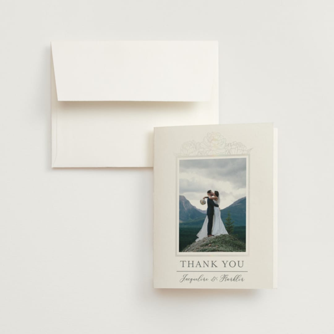 "Blooming Peonies" - Gloss-Press® Thank You Cards in Mist by Amy Ngo - Front