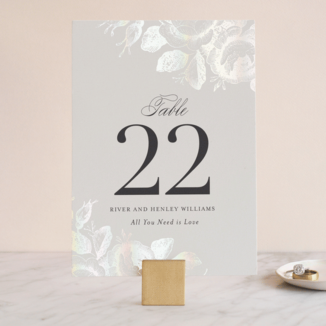 "Beloved" - Gloss-Press® Table Numbers in Graphite by Design Lotus - Front