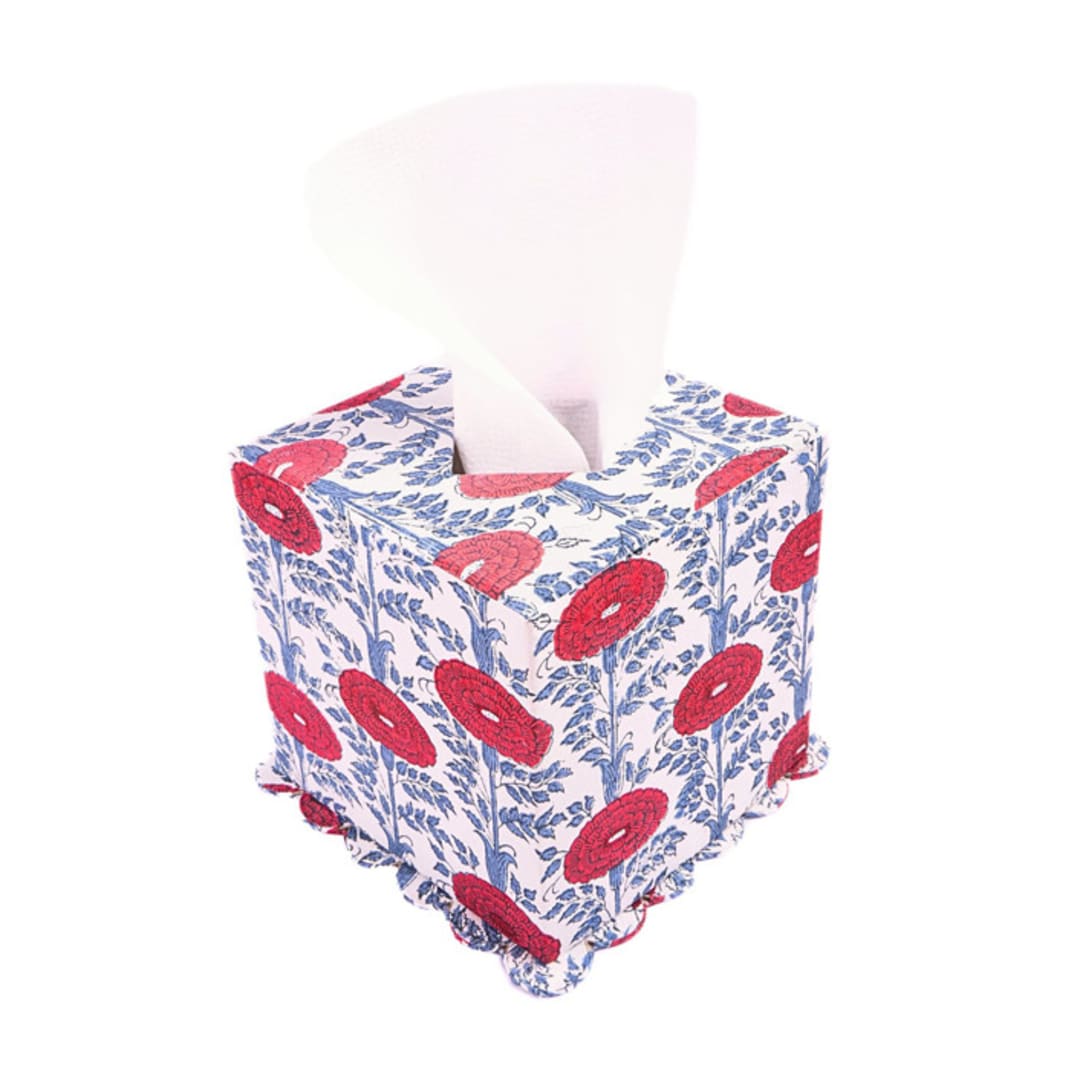 "Scallop Tissue Box Cover in Araminta Blockprint" - Tissue Box Cover in red by Michelle Pham