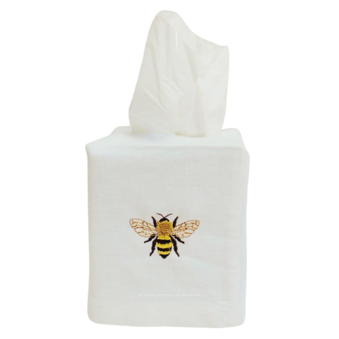 "Linen Tissue Box Cover Embroidered with Bespoke Bumble Bee Design" - Tissue Box Cover in white by Virginia Marcello