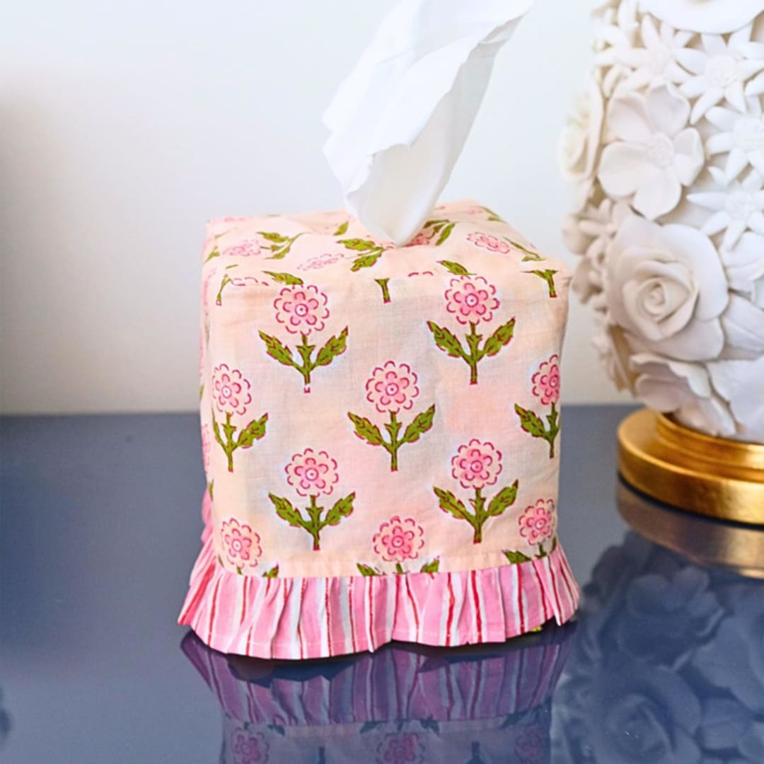 "Ruffled Tissue Box Cover in Mona Pink Blockprint" - Tissue Box Cover in pink by Inner Child