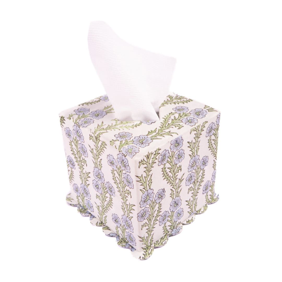 "Scallop Tissue Box Cover in Forget-Me-Not Blockprint" - Tissue Box Cover in green by Michelle Pham