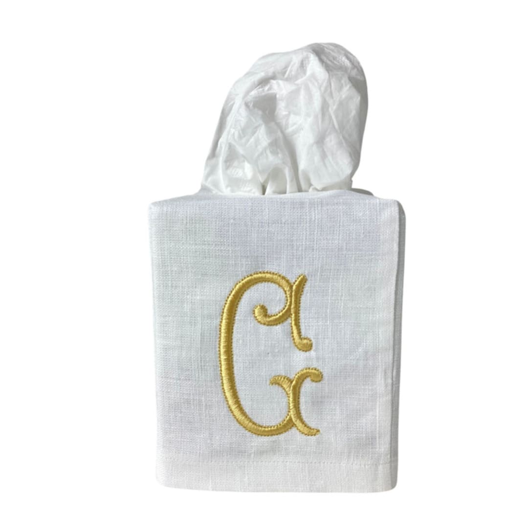 "Personalized Linen Tissue Box Cover" - Tissue Box Cover in white by Virginia Marcello