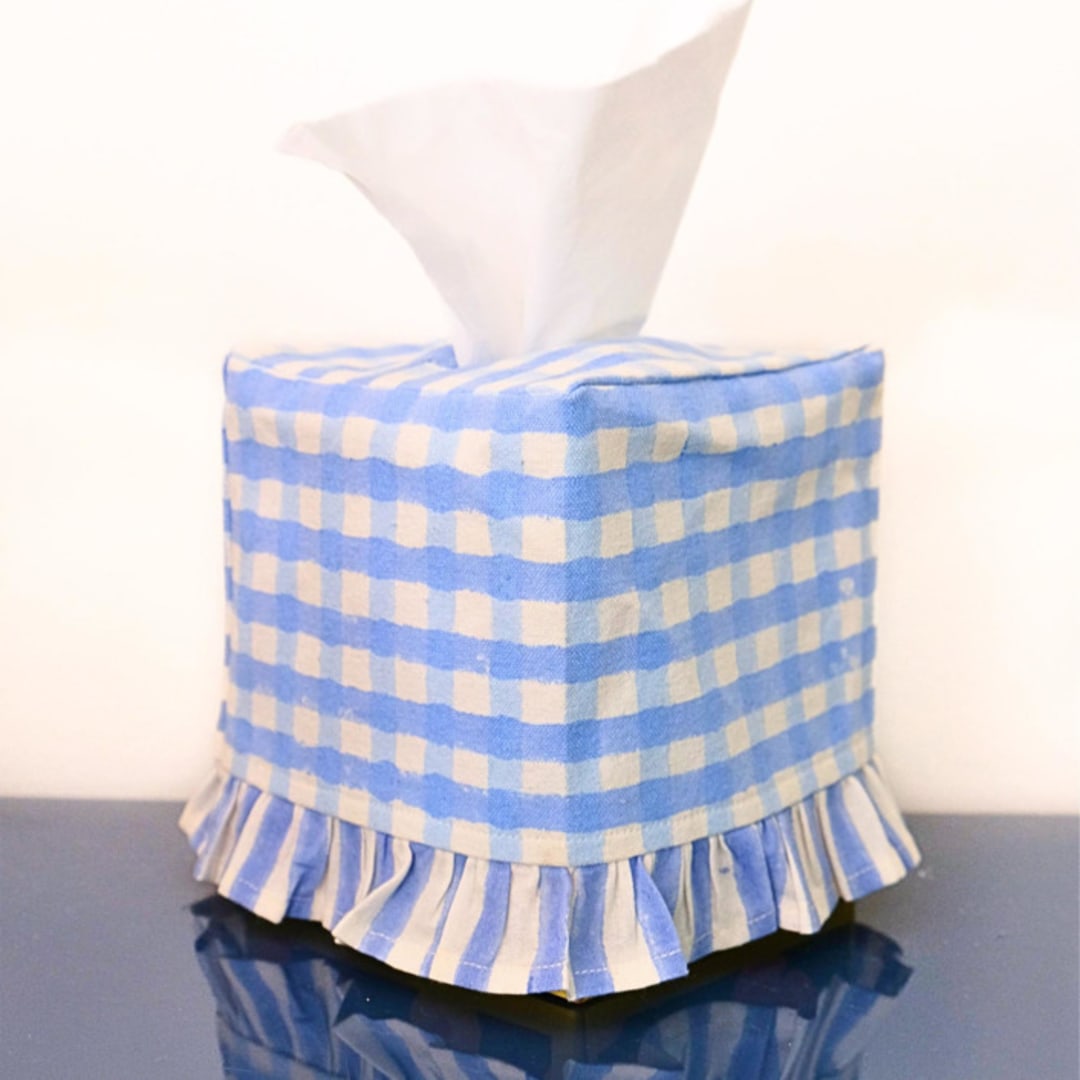 "Ruffle Tissue Box Cover in Blue Gingham Blockprint" - Tissue Box Cover in blue by Inner Child