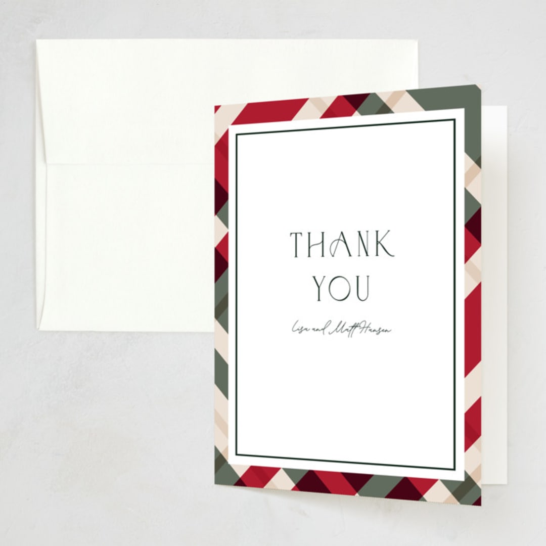 "Plaid Suit Holiday" - Party Thank You Cards in Berry by Chris Griffith - Front
