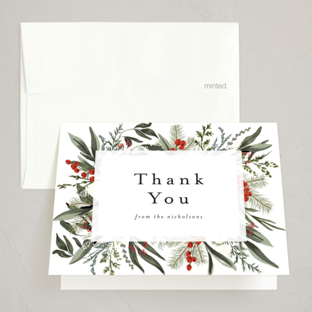 "Holiday Botanical" - Party Thank You Cards in Holly Berry by Susan Moyal - Front