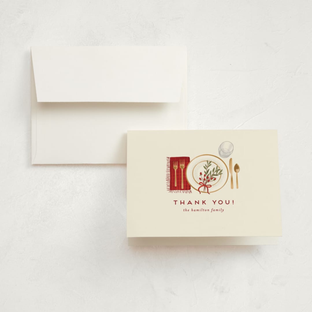 "Around the Table" - Party Thank You Cards in Holly Berry by Jamie Alexander - Front