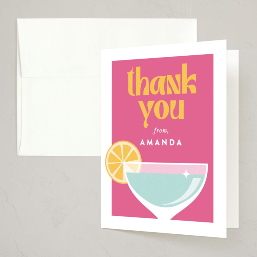 "Modern Cocktails" - Party Thank You Cards in Flamingo by Maria Alou - Front