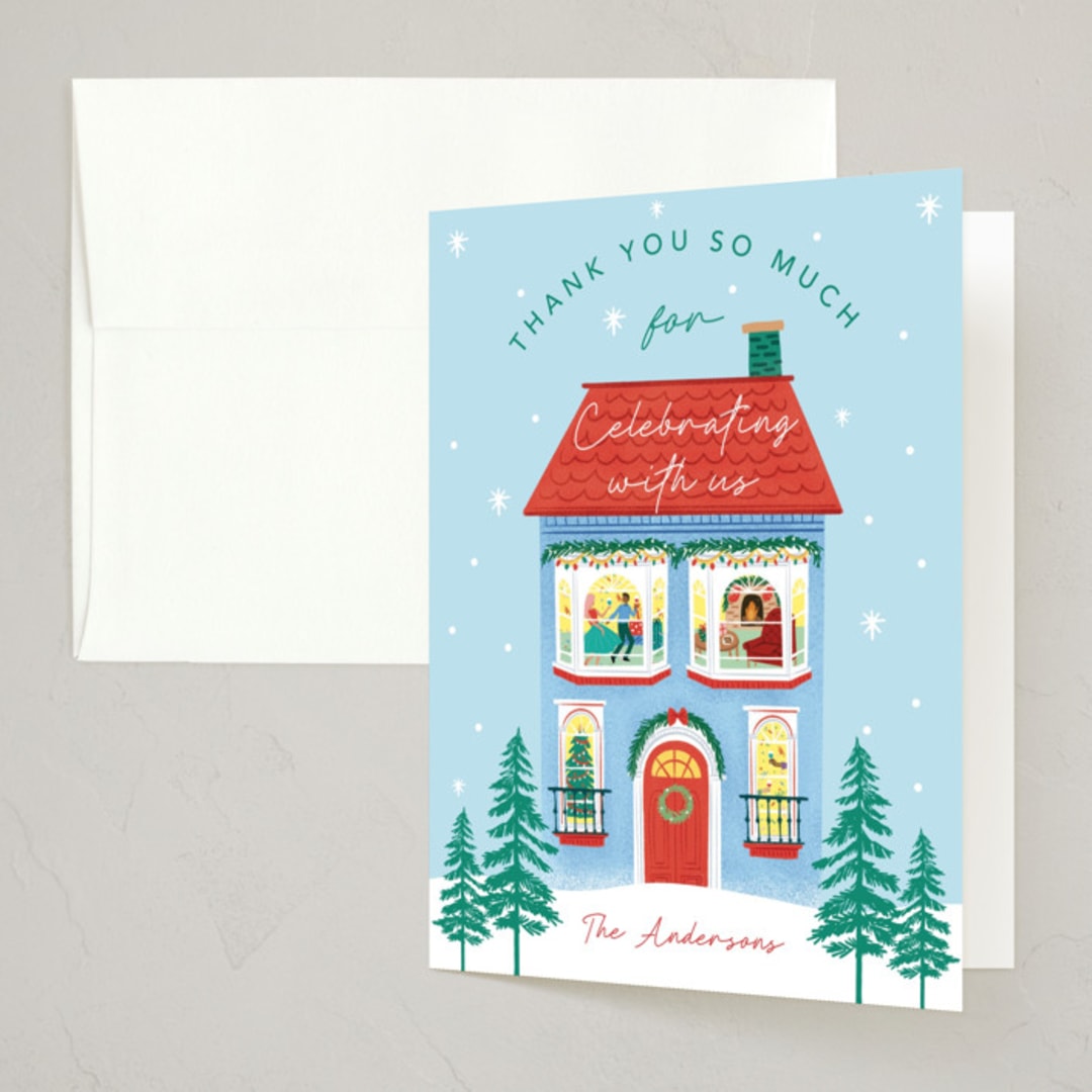 "Merry House" - Party Thank You Cards in Sky by Elly - Front