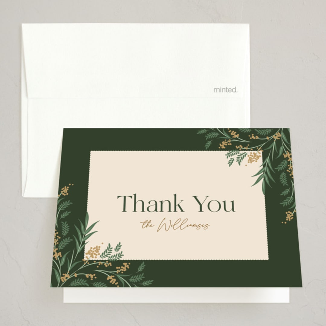 "Draped Garland" - Party Thank You Cards in Pine by Robert and Stella - Front