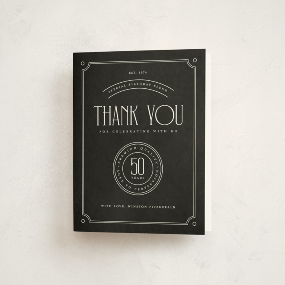 "Aged to perfection" - Party Thank You Cards in Charcoal by Heather Schertzer - Front