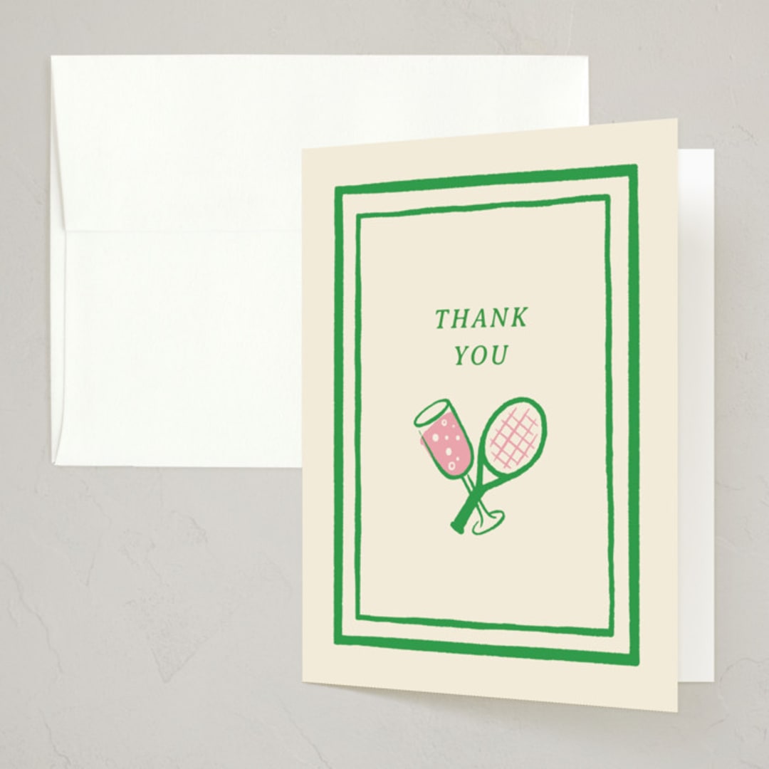 "Matches & Mimosas" - Party Thank You Cards in Pink Lemonade by Sam Dubeau - Front