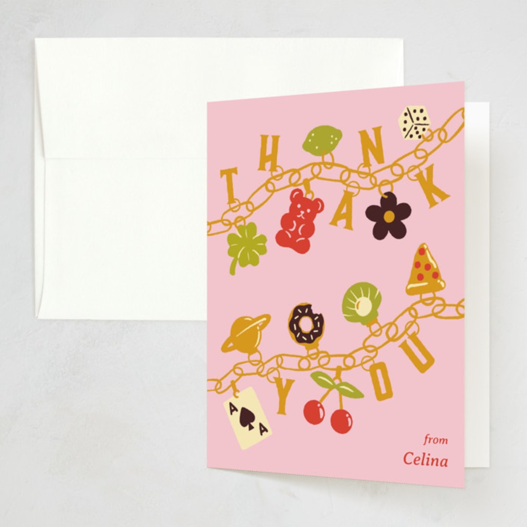 "Charm Party" - Party Thank You Cards in Sour Cherry by Sam Dubeau - Front