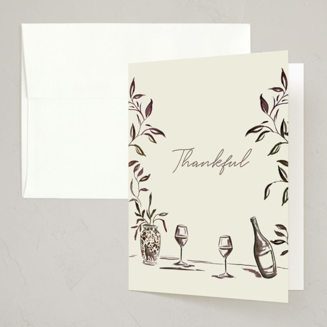 "Vine, Wine, and Dine" - Party Thank You Cards in Cream by West Foglia - Front