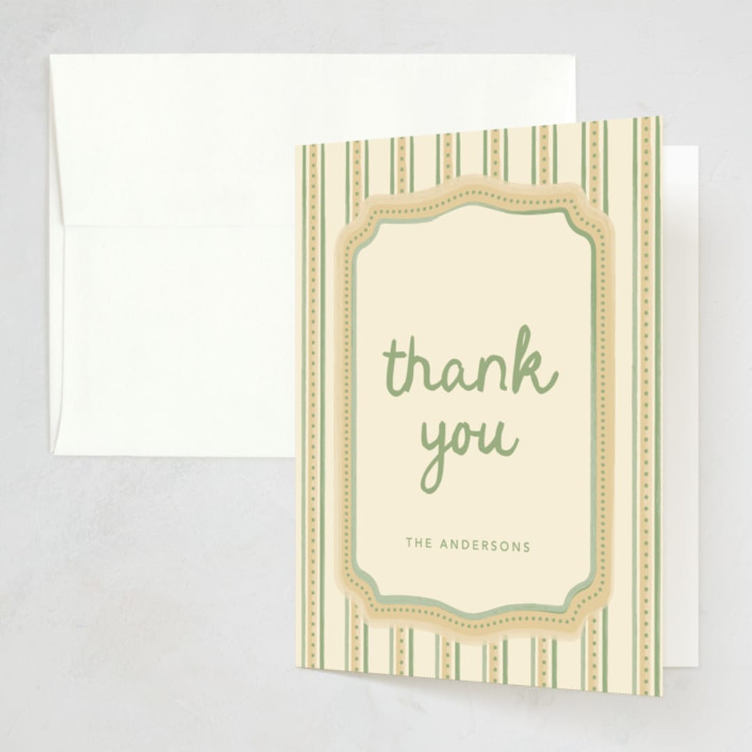 "Checkered China" - Party Thank You Cards in Sage by Robert and Stella - Front