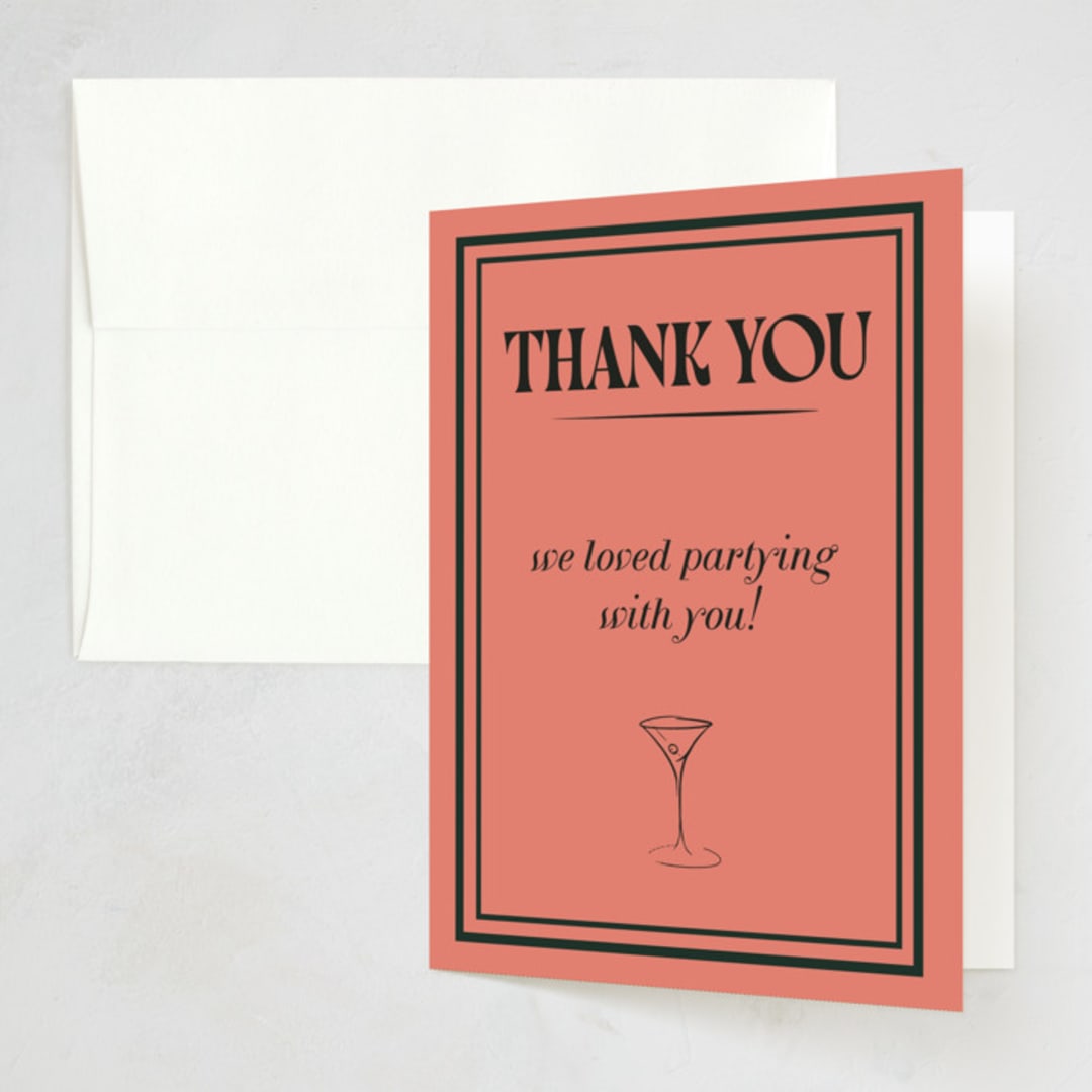 "voulez-vous pink and green" - Party Thank You Cards in Coral by RM Design Works - Front