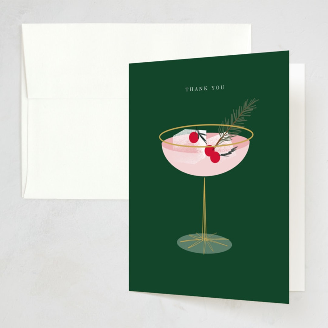 "Holiday Cocktail" - Party Thank You Cards in Evergreen by Baumbirdy - Front