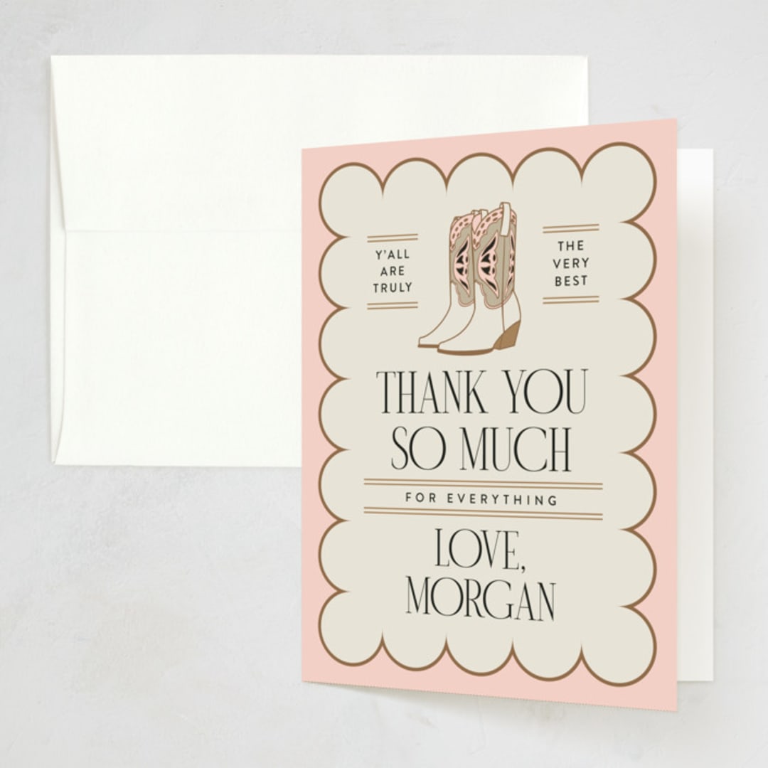 "Dancing Boots" - Party Thank You Cards in Blush by Heather Schertzer - Front