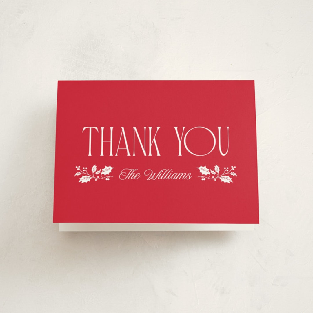 "Holly Border" - Party Thank You Cards in Poinsettia by Robert and Stella - Front