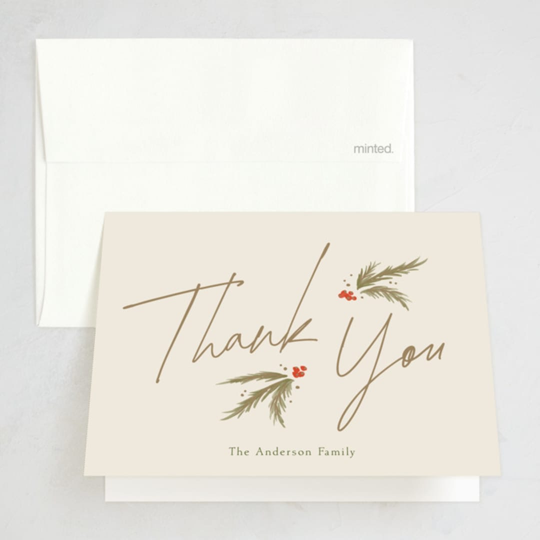 "Holiday Script" - Party Thank You Cards in Cream by Robert and Stella - Front