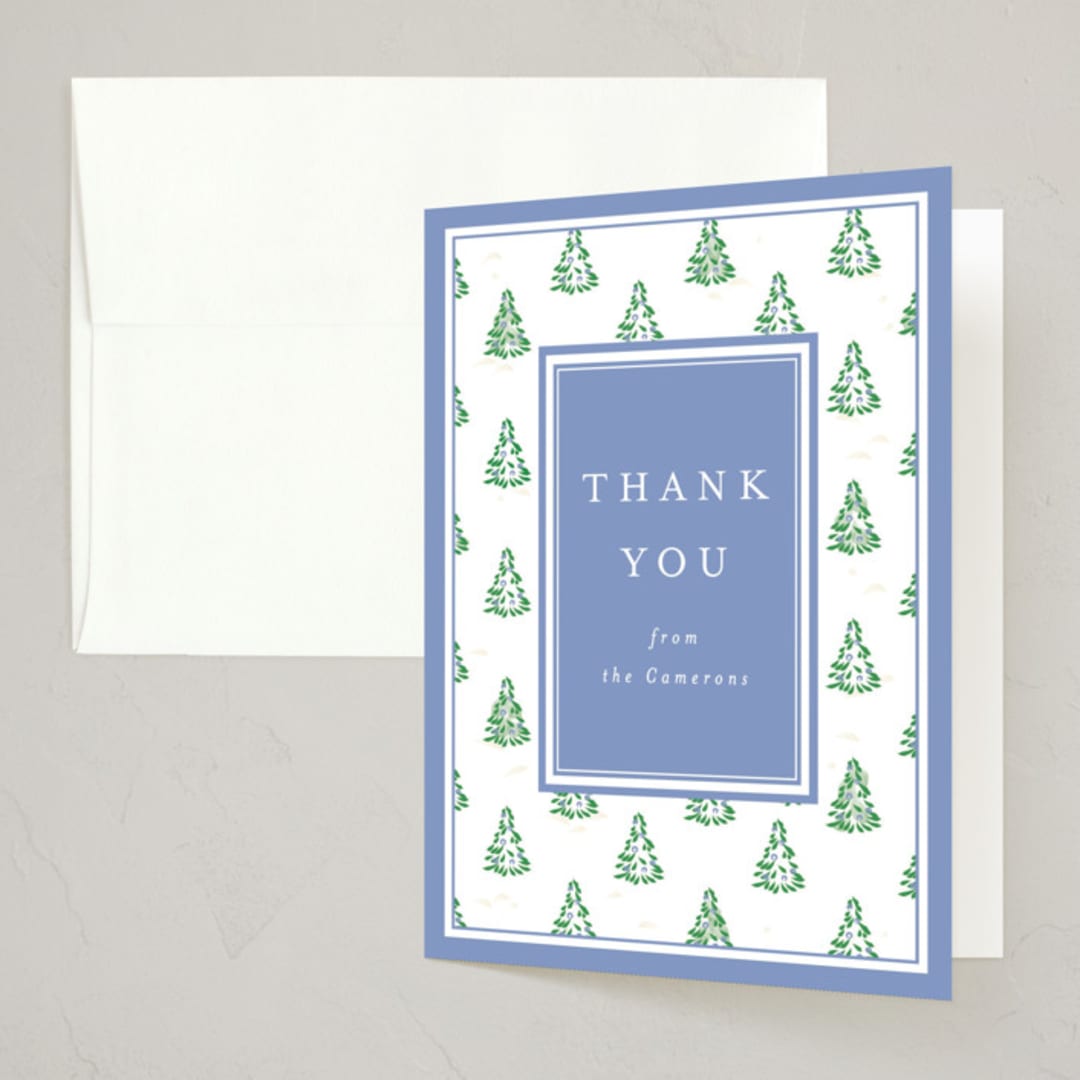 "Little Trees" - Party Thank You Cards in Provincial Blue by Corinne Malesic - Front
