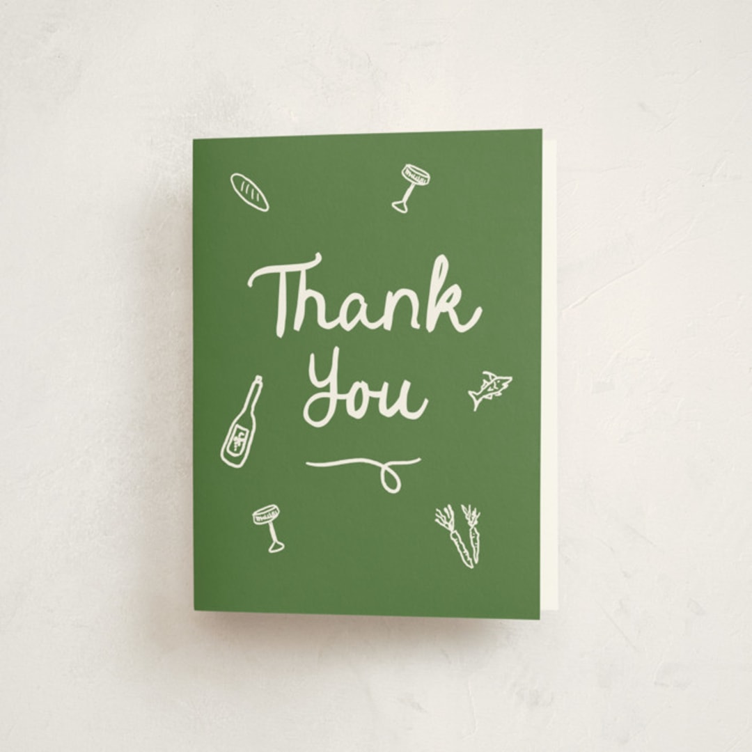 "First Course Party" - Party Thank You Cards in Forest by Cotton and Bow - Front