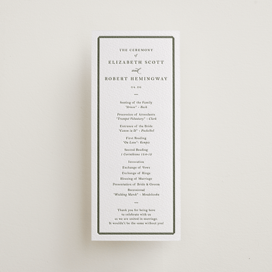 "Bevel" - Letterpress Long Programs in Moss by Megan Davis - Front