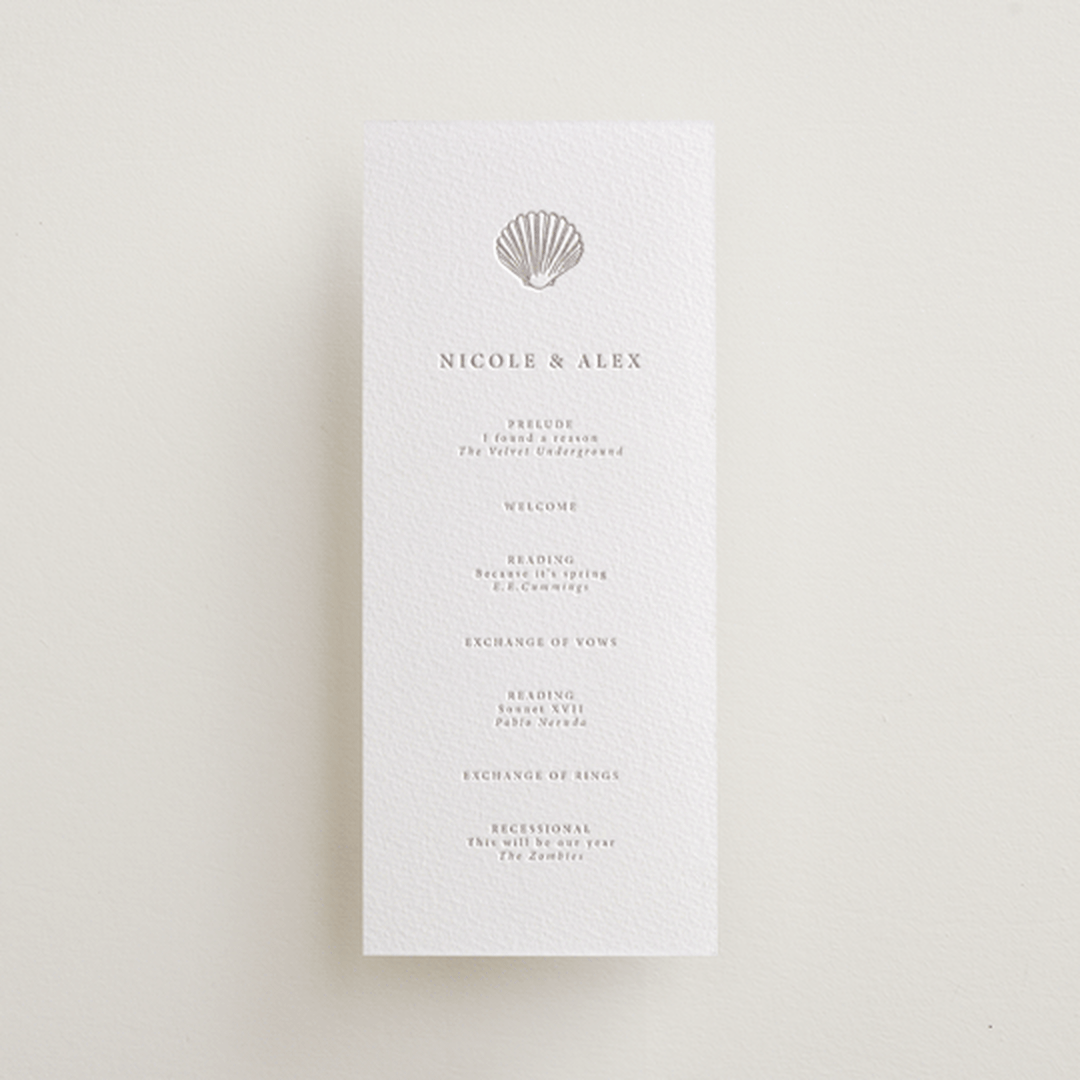 "Simple Seashell" - Letterpress Long Programs in Dove Grey by Hannah Bowman - Front