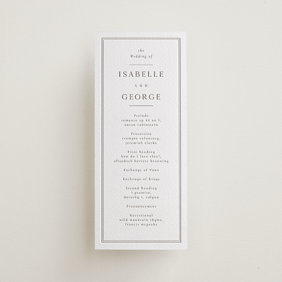"Formal Serif" - Letterpress Long Programs in Dove Grey by Nicole Walsh - Front