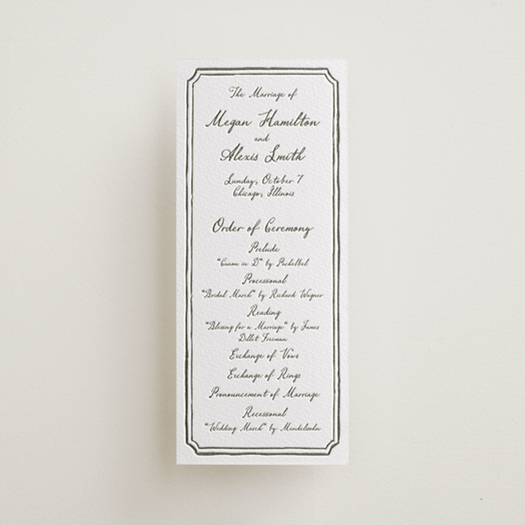 "Handwritten" - Letterpress Long Programs in Moss by Cass Loh - Front