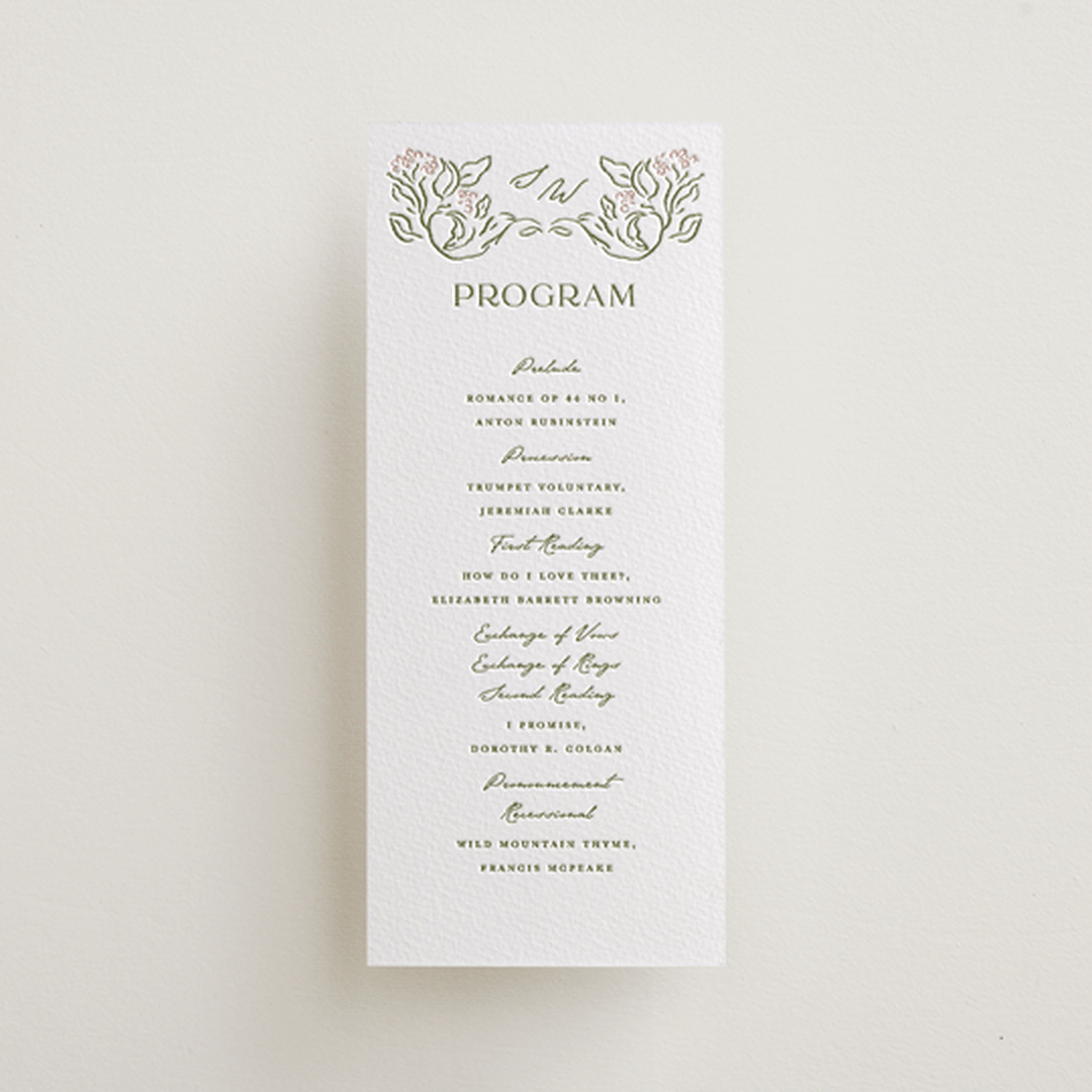 "Sketched Foliage" - Letterpress Long Programs in Pistachio by Susan Zinader - Front