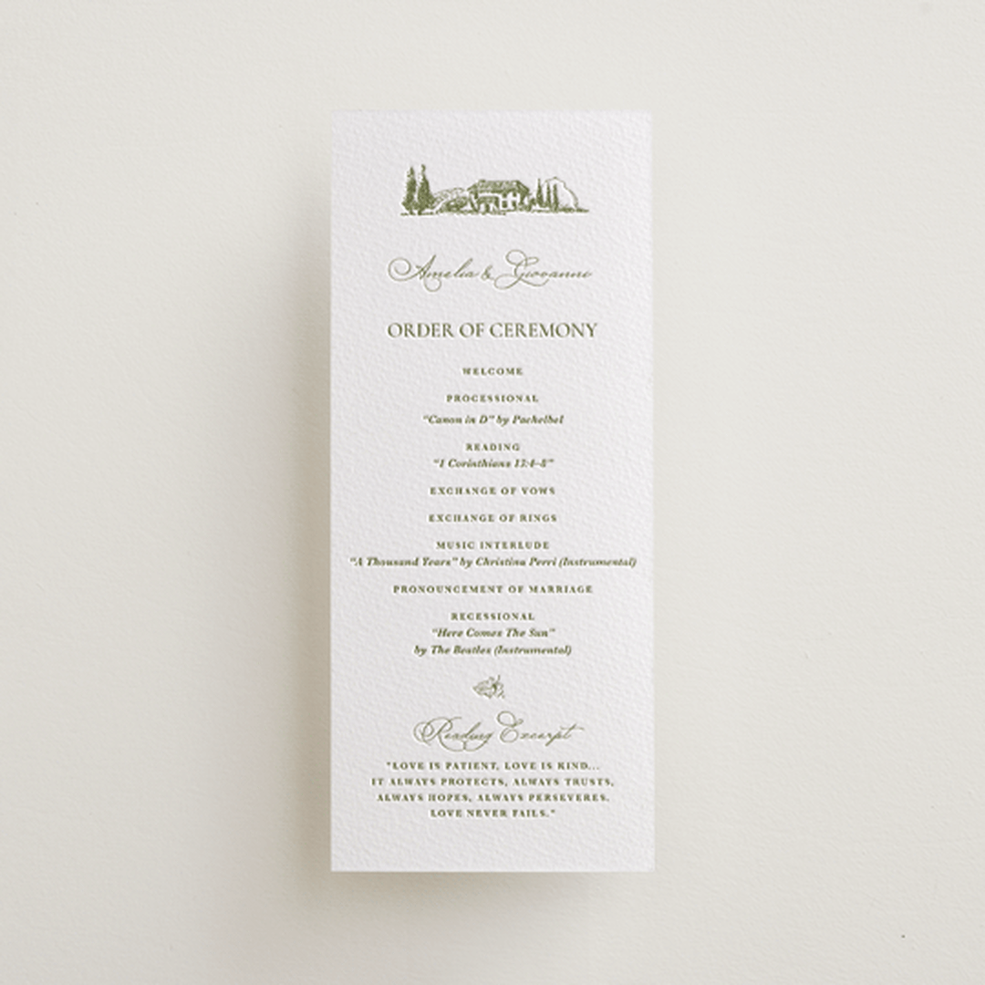 "Vineyard Elegance" - Letterpress Long Programs in Pistachio by Lucrecia Caporale - Front