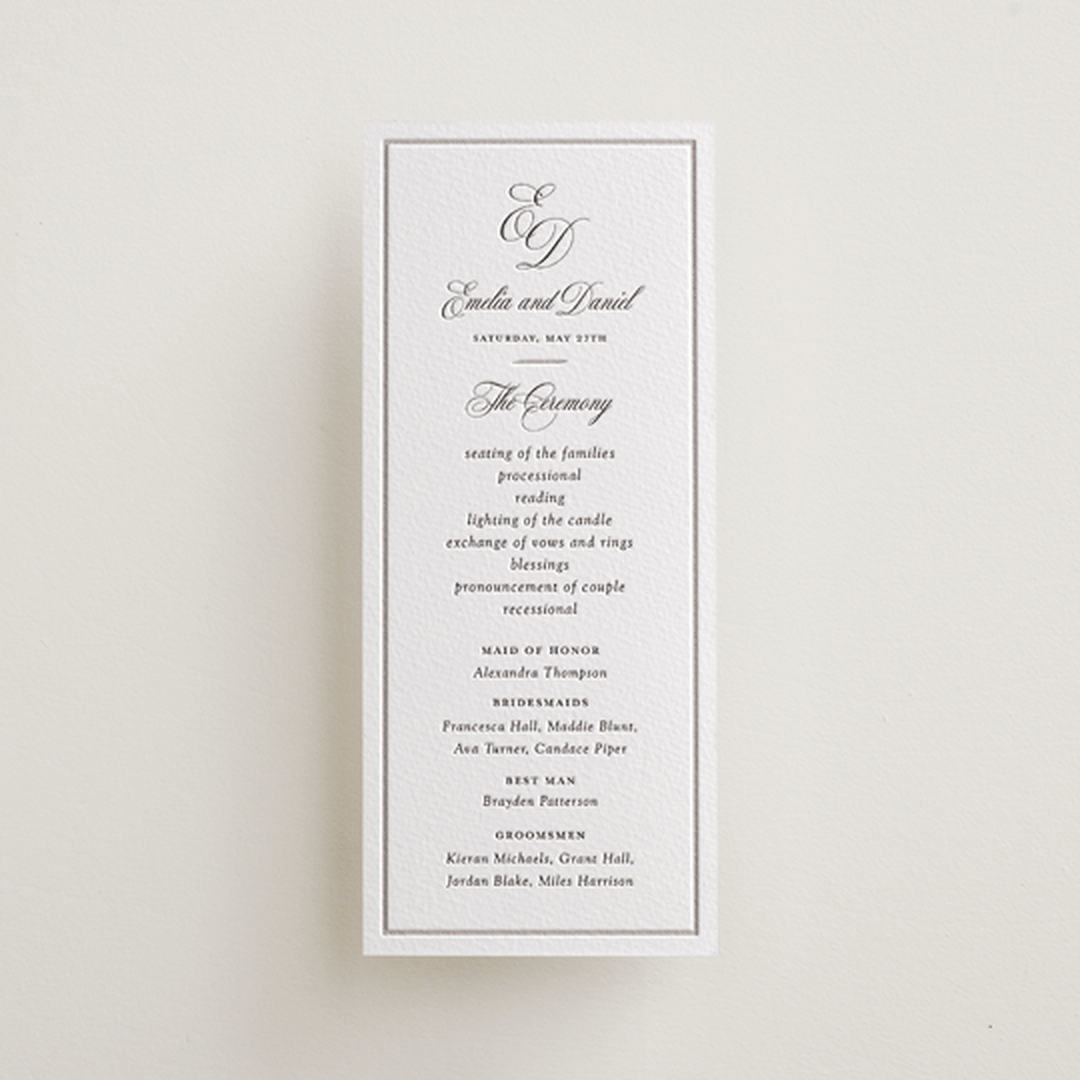"Royal" - Letterpress Long Programs in Soft Black by Melinda Denison - Front