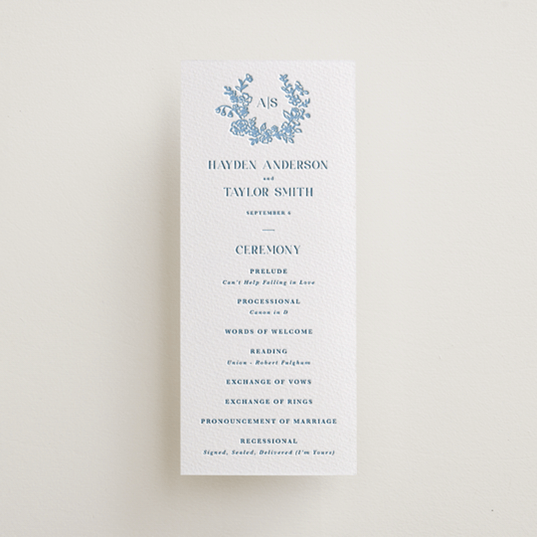 "Flowers monogram" - Letterpress Long Programs in Sky Blue by Cass Loh - Front