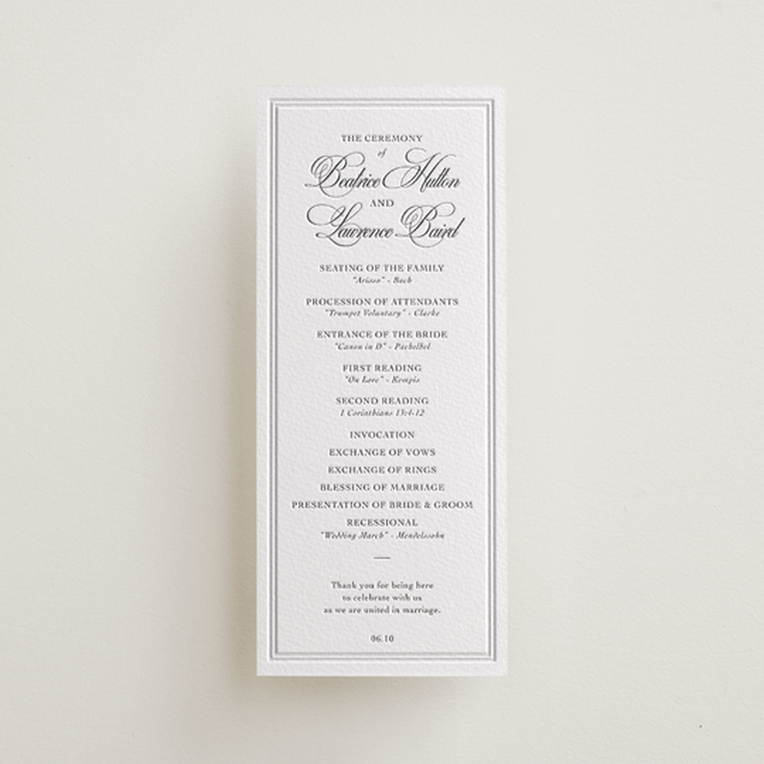 "Bradford" - Letterpress Long Programs in Pewter by Megan Davis - Front